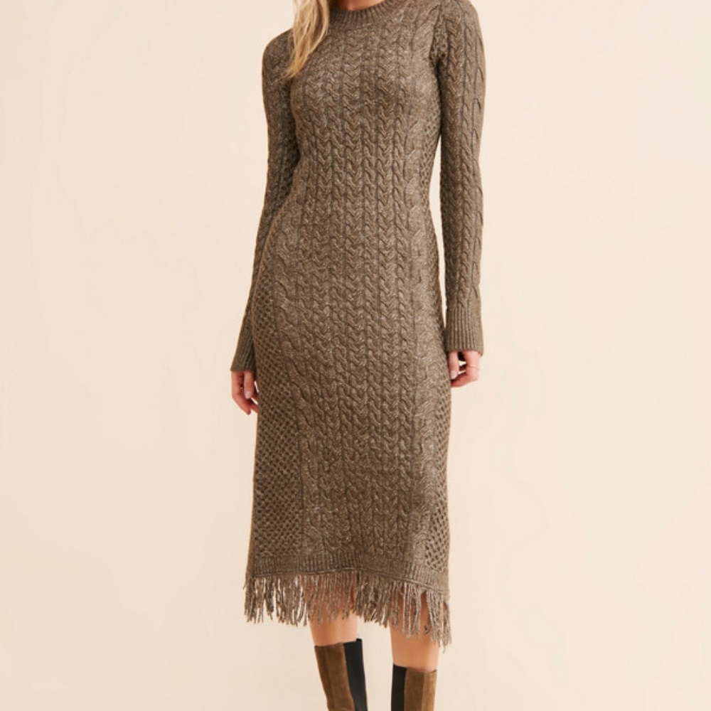 Moon River Cable Knit Fringed Sweater Dress